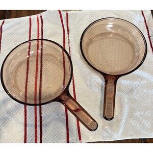 2 Vision Ware Amber Skillet Frying Pan Waffle Bottom Vintage 7"  Corning France